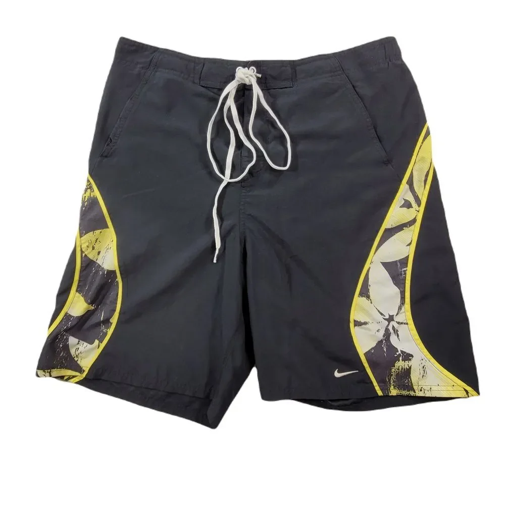 Nike Swim Trunks Mens Large Black Yellow‎ Logo Spellout Swosh